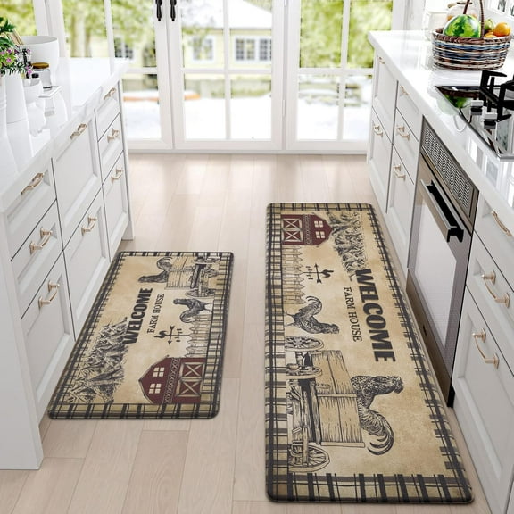 Farmhouse Kitchen Rugs Set 2 Piece PVC Kitchen Mat Waterproof, Farm Rooster Kitchen Floor Mats Runner Rug Washable, Non Slip Standing Comfort Mat for Sink Home Office