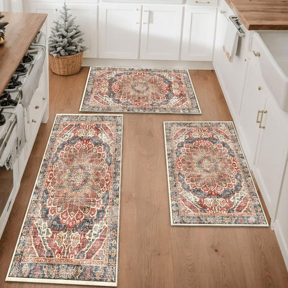 Farmhouse Kitchen Rugs Set 3 Piece, Boho Kitchen Mats for Floor, Non-Slip Kitchen Rug Waterproof Mats for Kitchen, Runner Rugs for Hallway Laundry Holiday Sink Decor
