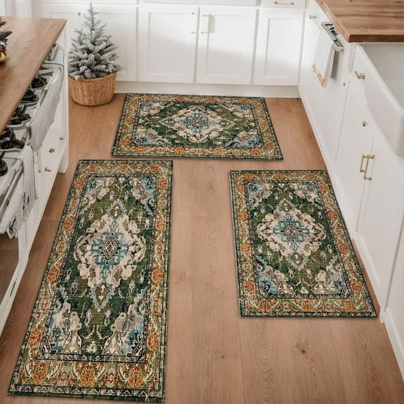 Farmhouse Kitchen Rugs Set 3 Piece, Boho Kitchen Mats for Floor, Non-Slip Kitchen Rug Waterproof Mats for Kitchen, Runner Rugs for Hallway Laundry Holiday Sink Decor