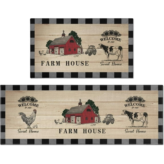 Farmhouse Kitchen Rugs Set of 2, Farm Rooster Cow Kitchen Mat Washable Non-Slip Floor Mat, Home Kitchen Decor Indoor Carpet 17"x47"+17"x30"