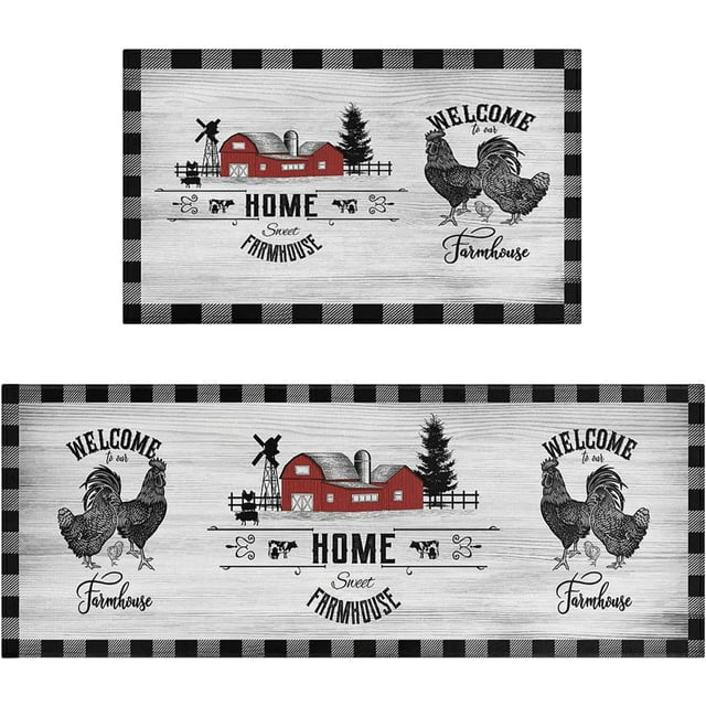 Farmhouse Kitchen Rugs Sets of 2 Black and White Buffalo Plaid Rooster