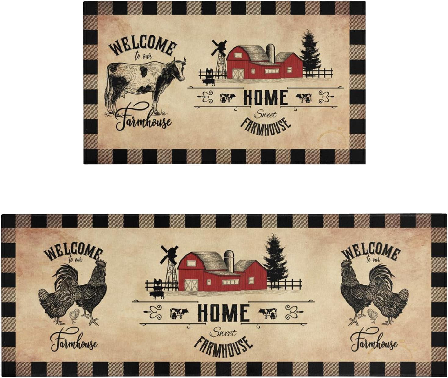 Farmhouse Kitchen Rugs Sets of 2 Brown Country Rustic Rooster Cow