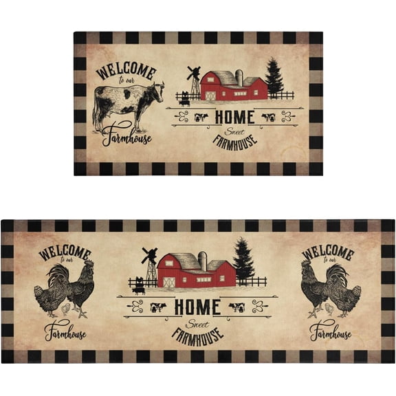 Farmhouse Kitchen Rugs Sets of 2 Brown Country Rustic Rooster Cow Kitchen Rug Washable Non-Slip Kitchen Floor Mats for in Front of Sink Farmhouse Kitchen Decor
