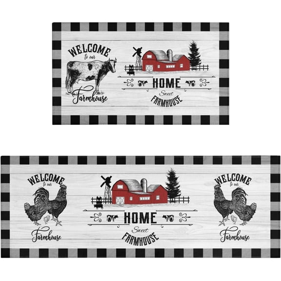 Farmhouse Kitchen Rugs Sets of 2 Buffalo Plaid Black and White Rooster Cow Kitchen Rug Washable Non-Slip Kitchen Mats for Floor 2 Piece Farmhouse Kitchen Decor