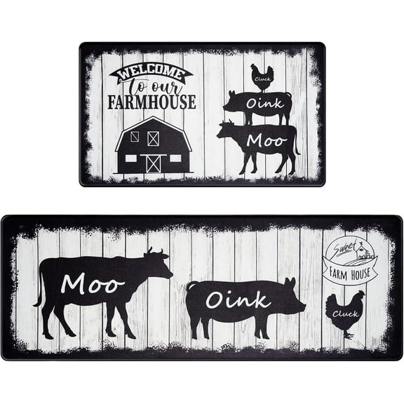 Farmhouse Kitchen Rugs Sets of 2, Wooden Kitchen Mats Cushioned Anti Fatigue, Cow Pig Chicken Kitchen Floor Mats for in Front of Sink Laundry, Farm Kitchen Decor, 18'''' x 48'''' + 18'''' x 30''''