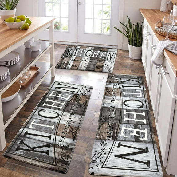 Farmhouse Kitchen Rugs Sets of 3 Non Slip, Cushioned Wooden Kitchen Floor Mats Anti Fatigue Mats PVC Waterproof Kitchen Runner Rug Sink Comfort Mat Board,18" x 30" + 18'''' x 48'''' + 18'''' x 60''''