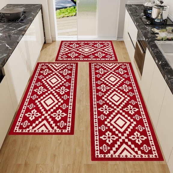 Farmhouse Kitchen Rugs Sets of 3 Non Slip Kitchen Mats for Floor, Washable Boho Kitchen Rug, Absorbent Resists Dirt Kitchen Floor Mat for Sink, Runner, Hallways (Red, 20"x59"+20"x48"+20"x32")