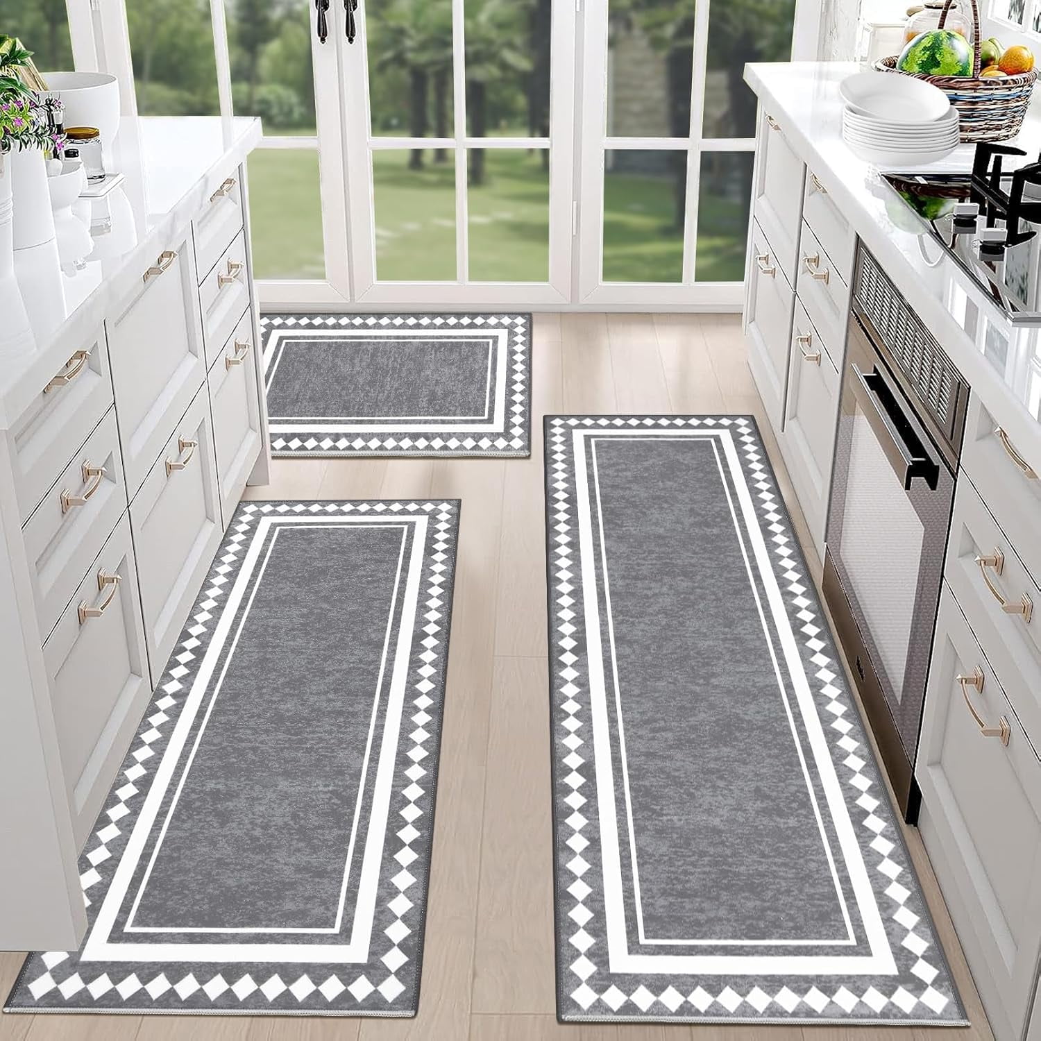 Farmhouse Kitchen Rugs Sets of 3 Non Slip Washable Kitchen Rugs and Mats Boho Kitchen Mats for Floor Kitchen Runner Rug Kitchen Carpet Rug Runner for Hallways Kitchen Laundry
