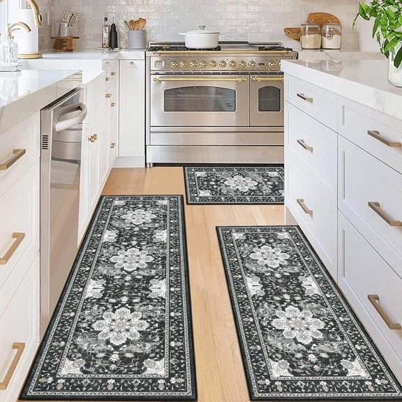 Farmhouse Kitchen Rugs Sets 3 Piece with Runne, Non Slip Kitchen Rugs and Mats Non Skid Washable, Bohemian Kitchen Floor Mat for Hallway Entryway Laundry Room, Black