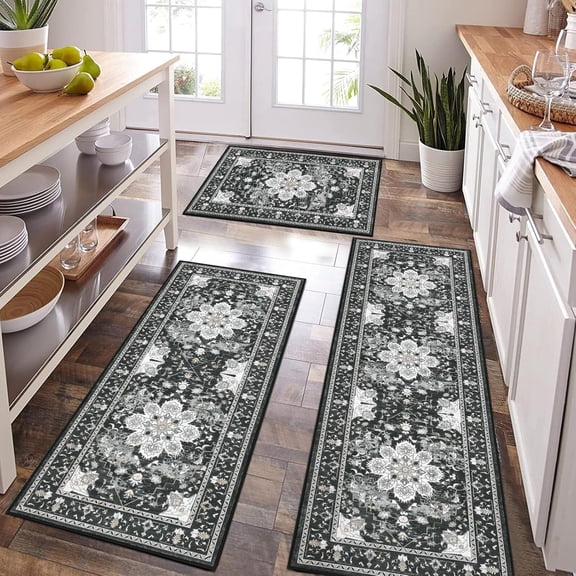 Farmhouse Kitchen Rugs Sets 3 Piece with Runne, Non Slip Kitchen Rugs and Mats Non Skid Washable, Bohemian Kitchen Floor Mat for Hallway Entryway Laundry Room, Black