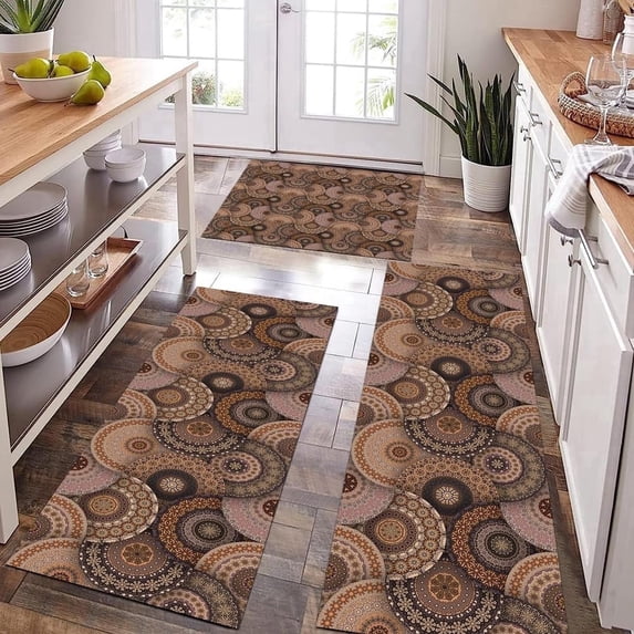 Farmhouse Kitchen Rugs Sets 3 Piece with Runner Soft Kitchen Floor Mat Brown Floral Rugs Boho Rugs for Bedside Kitchen Carpet and Rugs Non Slip Washable for Bathroom Entryway Front Door Laundry