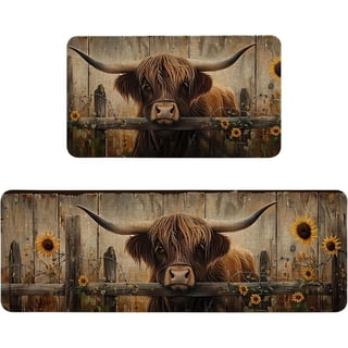 Farmhouse Kitchen Rugs Sets of 2 Non Slip Washable, Country Rustic Brown Highland Cow Kitchen Mats for Floor 2 Piece Home Decor
