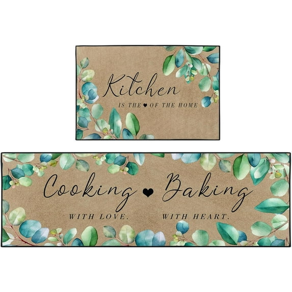 Farmhouse Kitchen Rugs and Mats Non Skid Washable Set of 2, Eucalyptus Leaves Kitchen Floor Mats, Vintage Kitchen Runner Rug, Spring Kitchen Decor