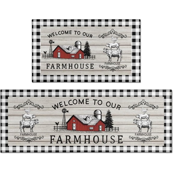 Farmhouse Kitchen Rugs and Mats Set of 2, Farm Kitchen Rug, Washable Non Skid Floor Mat for Home Kitchen Decor - 17x29 and 17x47 Inch