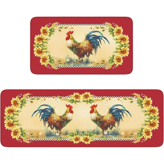 Farmhouse Kitchen Rugs and Mats Set of 2, Farm Red Rooster Kitchen Rug, Washable Non Skid Floor Mat for Home Kitchen Decor - 17x29 and 17x47 Inch