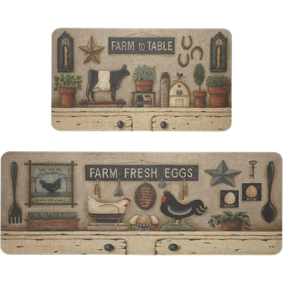 Farmhouse Kitchen Rugs and Mats Set of 2, Farm Rooster Kitchen Mat Carpet Non-Slip Washable Kitchen Mat for Kitchen Home Decor - 117x30+17x47 Inch