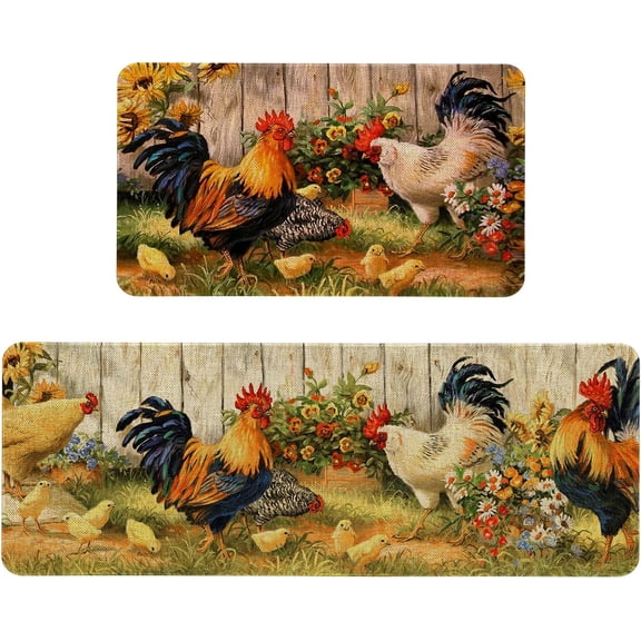 Farmhouse Kitchen Rugs and Mats Set of 2, Farm Rooster Kitchen Rug Non-Slip Washable Floor Mat for Kitchen Home Decor - 17x29 and 17x47 Inch