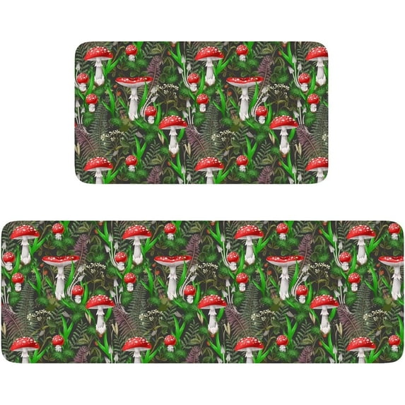 Farmhouse Kitchen Rugs and Mats Set of 2, Mushroom Kitchen Rug, Washable Non Skid Floor Mat for Home Kitchen Decor - 17x29 and 17x47 Inch