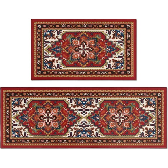 Farmhouse Kitchen Rugs and Mats Set of 2, Red Boho Kitchen Rug, Washable Non Skid Floor Mat for Home Kitchen Decor - 17x29 and 17x47 Inch