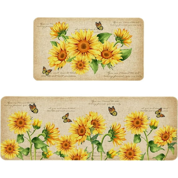 Farmhouse Kitchen Rugs and Mats Set of 2, Sunflower Kitchen Rug, Seasonal Washable Non Skid Floor Mat for Home Kitchen Decor - 17x29 and 17x47 Inch