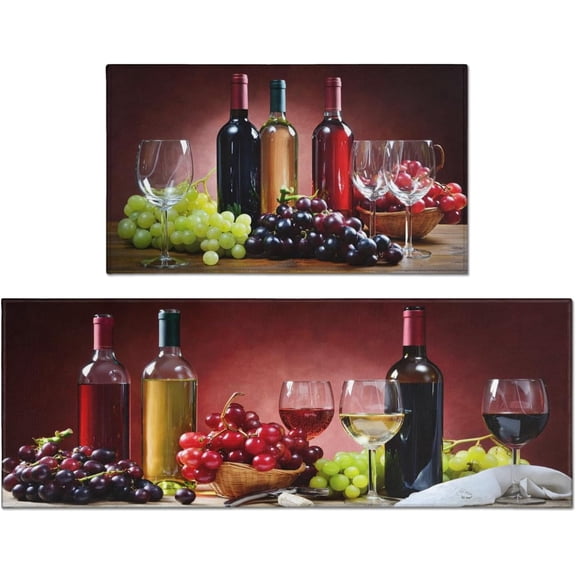 Farmhouse Kitchen Rugs and Mats Set of 2, Wine Kitchen Rug, Washable Non Skid Floor Mat for Home Kitchen Decor - 17x30 and 17x47 Inch