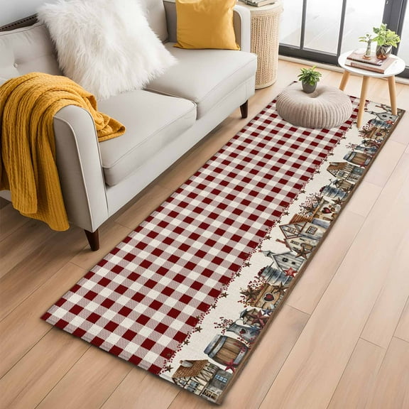 Farmhouse Kitchen Runner Rug 2x6 Washable Runners for Hallway Non Slip American Country Star Barn Red Brown Plaid Berry Large Area Rug Indoor Floor Carpet for Bathroom Laundry Entryway Bedroom
