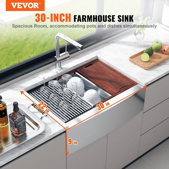 Farmhouse Kitchen Sink, 30 inch Single Bowl 304 Stainless Steel Drop-In/Apron Front Sink with Drainboard, Ledge, and Accessories, Ideal for Workstation, Prep Kitchen, and Bar