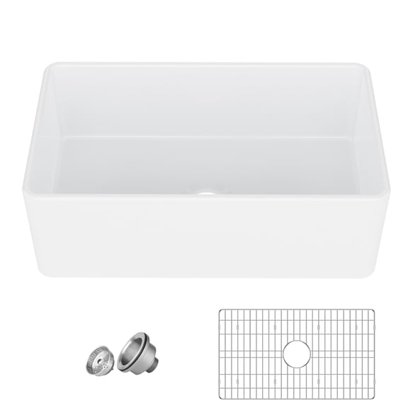 Farmhouse Kitchen Sink 33 Inch Fireclay Apron Front Single Bowl, Undermount or Drop-In, Includes Bottom Grid & Strainer, Durable Ceramic for Kitchen or Laundry