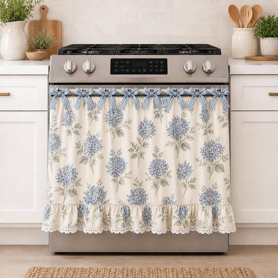 Farmhouse Kitchen Stove Curtain – Oven Skirt with Ribbon Ties, Decorative Front Cover for Oven