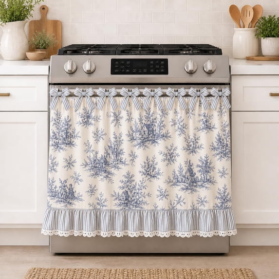 Farmhouse Kitchen Stove Curtain – Oven Skirt with Ribbon Ties, Decorative Front Cover for Oven