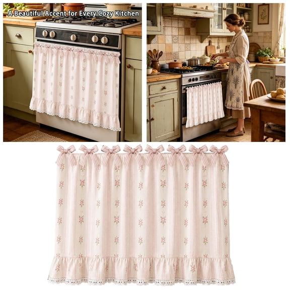 Farmhouse Kitchen Stove Curtain, Ruffled Lace Trim Stove Cover Curtain with Floral Prints, Decorative Oven Door Curtain for Vintage Kitchen Decor(22*31")