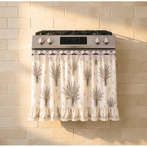 Farmhouse Kitchen Stove Curtain, Ruffled Lace Trim Stove Cover Curtain with Floral Prints, Decorative Oven Door Curtain for Vintage Kitchen Decor