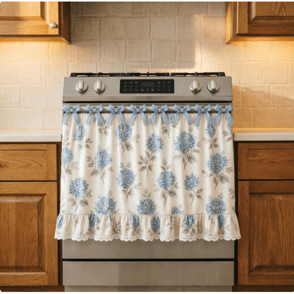 Farmhouse Kitchen Stove Curtain, Ruffled Lace Trim Stove Cover Curtain with Floral Prints, Decorative Oven Door Curtain for Vintage Kitchen Decor