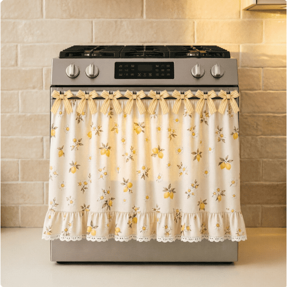 Farmhouse Kitchen Stove Curtain, Ruffled Lace Trim Stove Cover Curtain with Floral Prints, Decorative Oven Door Curtain for Vintage Kitchen Decor