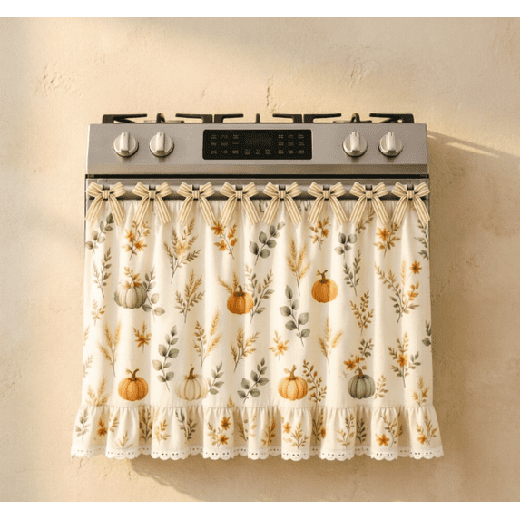 Farmhouse Kitchen Stove Curtain, Ruffled Lace Trim Stove Cover Curtain with Floral Prints, Decorative Oven Door Curtain for Vintage Kitchen Decor