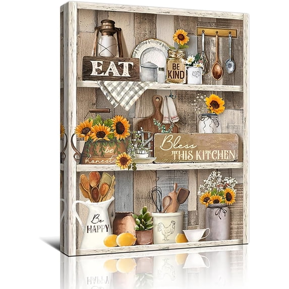 Farmhouse Kitchen Sunflower Wall Art Eat Kitchen Sign Fork and Spoon Rustic Flowers Painting Vintage Kitchen Artwork Country Canvas Framed 12’’x16’’