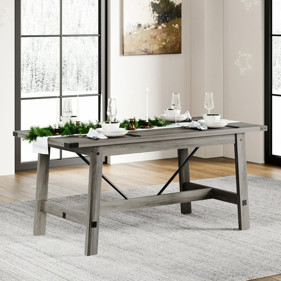 Farmhouse Kitchen Table with Wooden Legs for 4 Person, 67.7 Inch, Grayish Brown
