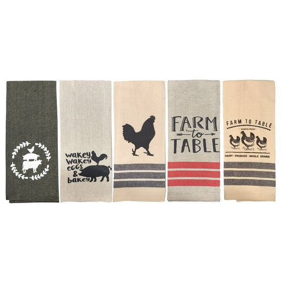 Farmhouse Kitchen Towels Farm Dish Towels Pig Rooster Chicken Cow Black Tan Towels 5 piece