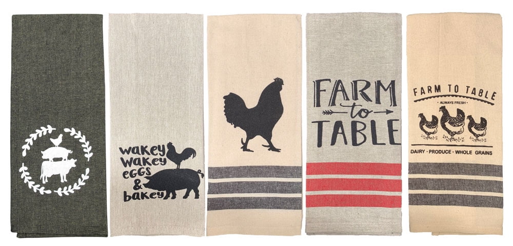 Farmhouse Kitchen Towels Farm Dish Towels Pig Rooster Chicken Cow Black Tan  Towels 5 piece