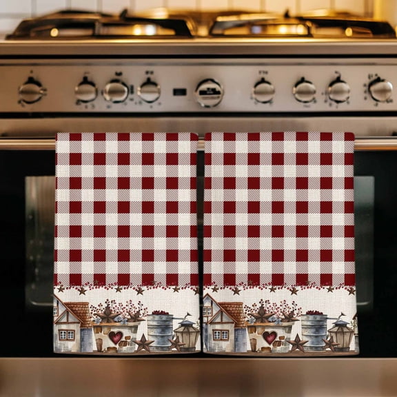 Farmhouse Kitchen Towels Set of 1, American Country Star Barn Red Brown Plaid Berry Absorbent Dish Towels for Kitchen, Microfiber Hand Towel, Quick Drying Tea Towel for Cleaning Decorative Dishcloths