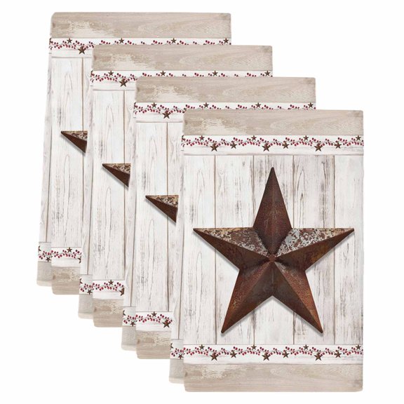 Farmhouse Kitchen Towels Set of 4, Rustic Brown Country Star Barn Berry Wooden Soft Microfiber Dish Towels, Absorbent Quick-Dry Washable Dishcloths for Kitchen Cleaning, Drying Dishes, 18x28 Inches