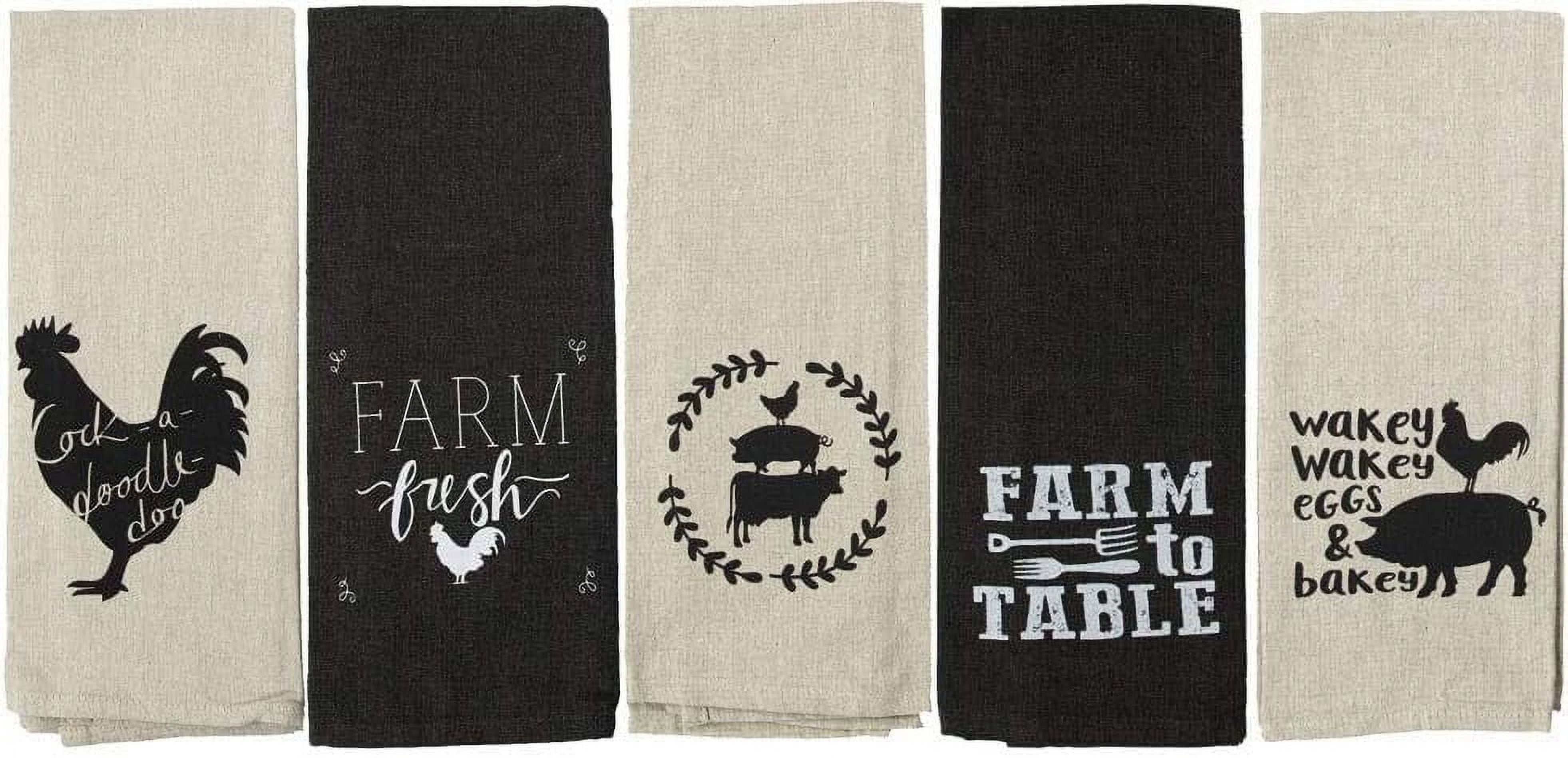 Farmhouse Kitchen Towels Set -Cotton Tan Black Farm Flour Sack Towels 16”x28” 5 Piece Tea Towels