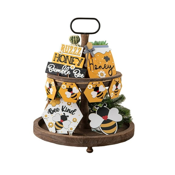 Farmhouse Kitchen Tray Set with Nine Miniature and Beehive Wooden Garland for Country Spring Summer Display