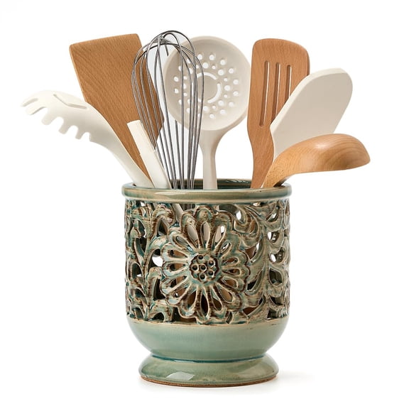 Farmhouse Kitchen Utensil Holder For Countertop Ceramic Large Cooking Crock With Cork Mat Decorative Rustic Counter Hollow Carving Flower Blue