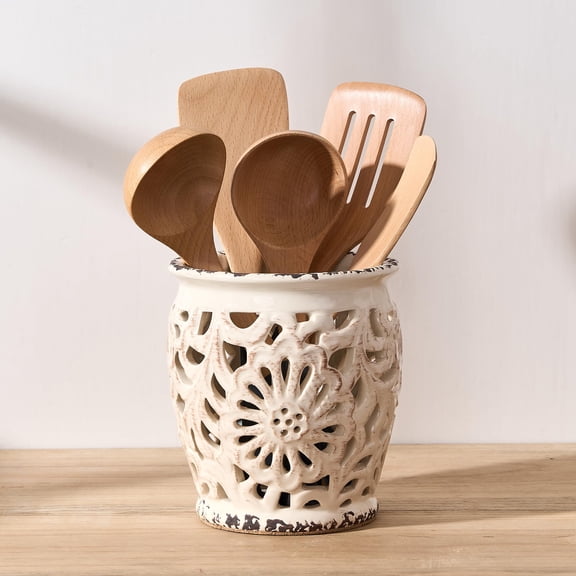 Farmhouse Kitchen Utensil Holder for Kitchen Counter, Ceramic Large Cooking Utensil Crock with Cork Mat, Decorative Rustic Utensil Organizer for Countertop