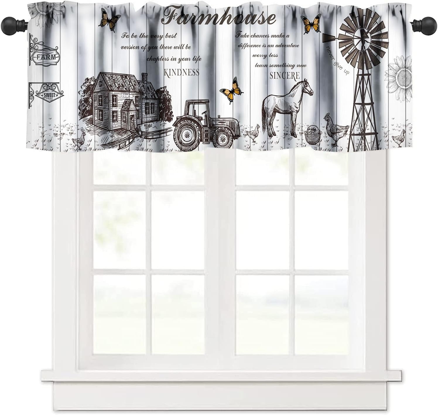Farmhouse Kitchen Valance for Window Retro Style Wooden Windmill Straw