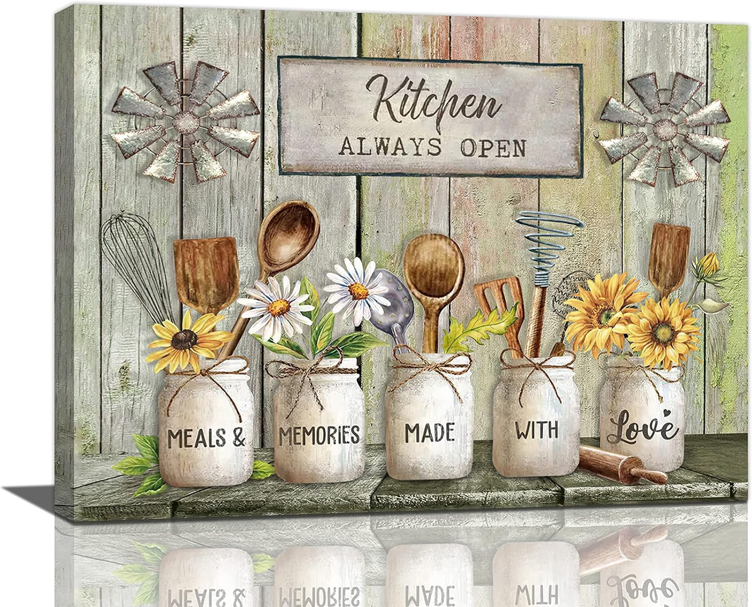 Farmhouse Kitchen Wall Art Country Tableware Pictures Wall Decor Rustic Flowers Painting Vintage Kitchen Framed Artwork Canvas Home Decorations for Dining Room Restaurant Living Room 12"x16"
