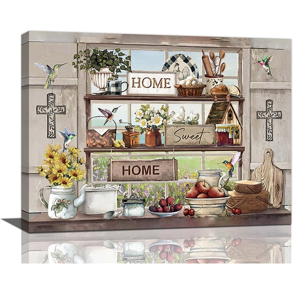 Farmhouse Kitchen Wall Art Flower Hummingbird Kitchen Pictures Christian Kitchen Wall Decor Canvas Prints Painting Floral Kitchen Decorations Framed Artwork for Dining Room Bedroom 16"x12"