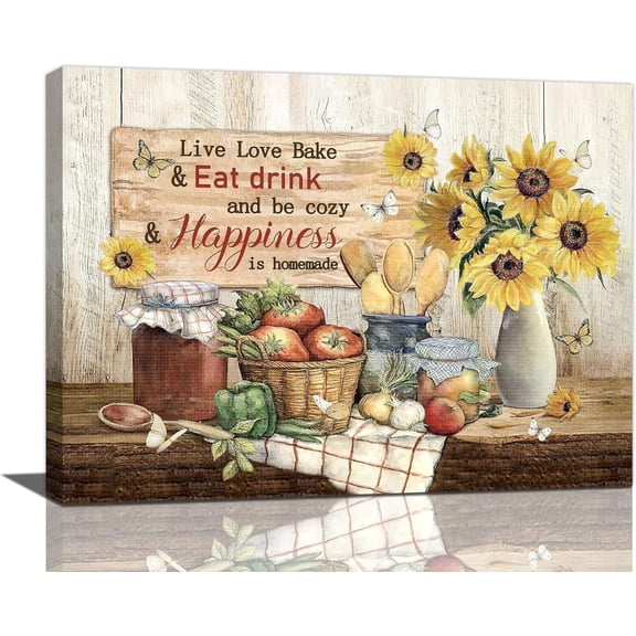 Farmhouse Kitchen Wall Art Kitchen Quotes Sign Sunflower Butterfly Pictures Wall Decor Kitchen Sign Canvas Print Framed Modern Painting Artwork for Dining Room 16"x12"