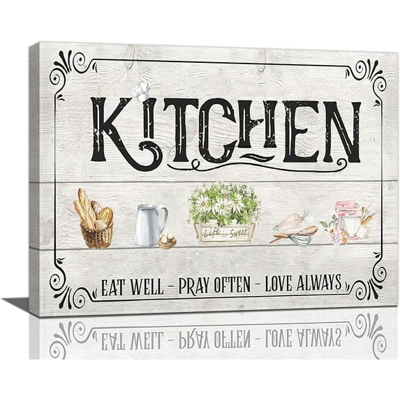 Farmhouse Kitchen Wall Art Rustic Country Kitchen Eat Sign Wall Decor Food Pictures Canvas Prints Framed Modern Floral Painting Artwork for Kitchen Bedroom Dining Room 16"x12"